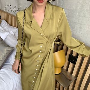 Summer Vintage Women Satin Long Sleeve Loose Casual Silk Shirt Dress 210415