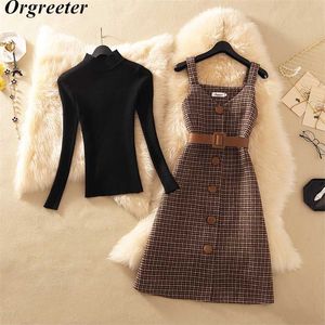 Two Piece Dress Set Women Autumn Winter Solid Base Sweater and Sleeveless Knee-Length Plaid Tweed Dresses Suits With belt 211108