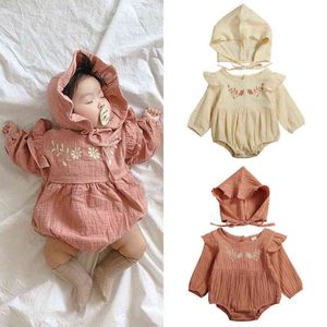 2019 Baby Wiosna Jesień Odzież Noworodka Niemowlę Dziewczynka Z Długim Rękawem Ruffle Romper Kombinezon Kapelusz Bawełniany Linen Stroje 2szt 0-24m G1221