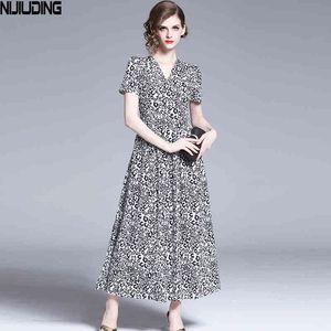 Summer Women's V-neck Leopard Printed Feet Nude Waist Slim Fit Slimming Big Swing with Long Dress Fashion Wild 210514