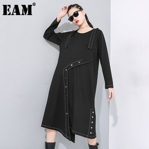 [EAM] Kobiety czarny przycisk Split asymetryczny suknia okrągła szyi z długim rękawem luźne dopasowanie mody wiosna jesień 1N488 21512