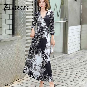 Fankieces Boho Floral Print Beach Dress Kobiety Jesień Long Es Sexy High Slits V-Neck Wrap Bodycon Party Maxi Robe Femme 210520