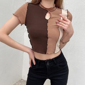 Kvinnors T-shirt 2021 Kvinnor Sommar Brown Harajuku Hål Frill Patchwork O-Neck Casual Sexy Short Sleeve Crop Top Slim Fashion Streetwear