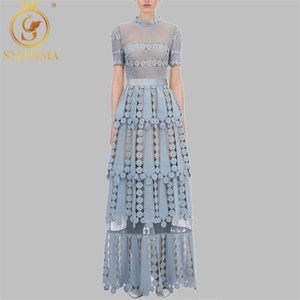 HMA New Women Self-Aut-AuthTrait Kwiatowy koronkowy pusty haft haft długie eleganckie formalne sukienki imprezowe vestidos 210331