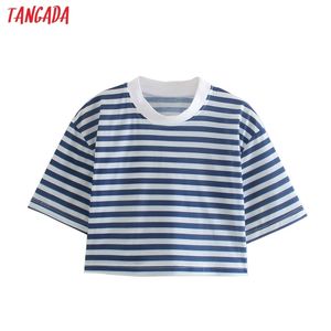 Kvinnor Blå Striped Print Crop Cotton T Kortärmad O Neck Tees Ladies Casual Tee Street Wear Top Qd17 210416