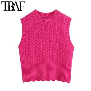 TRAF Women Fashion Cropped Cable-knit Vest Sweater Vintage O Neck Sleeveless Female Waistcoat Chic Tops 210415