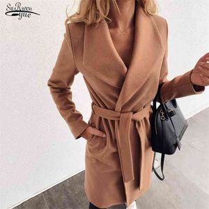 Jesień / zima Długi płaszcz Pasek Moda Lapel Kobiety Kaszmirowe Grube Oversized Outwears Regulowany talia 12645 210521