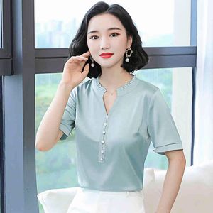 Koreanische Seide Frauen Blusen Hemd V-ausschnitt Frau Satin Solide Tops Plus Größe Blusas Femininas Elegante 210427