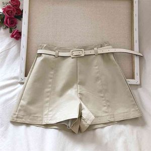 Senhora de Verão Casual Cor Sólida PU Couro Curto Large Pés Mulheres Cintura Alta Cintura Slim Locomotiva Shorts com Cinto 210430