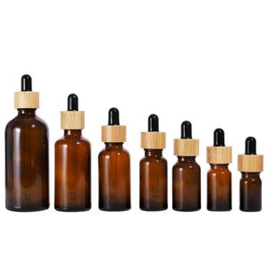 5-100 ml Garda de conta-gotas de vidro marrom para peças essenciais de perfume de peças de pipeta com tampa de madeira de bambu com tampa de madeira