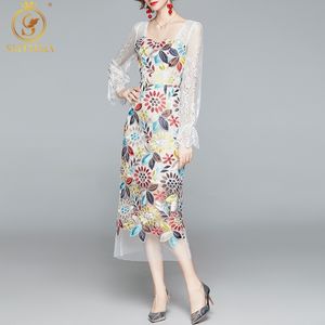 ファッション滑走路春のドレス女性のレースフレアスリーブビンテージ気質メッシュ刺繍花vestidos 210520