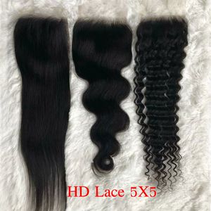 5pcs / mycket äkta HD transparent 5x5 snören Virgin Brasilianskt mänskligt hår Swiss Osynlig Lace Frontal 1B Nautral Svart 150% Densitet Små knutar Partihandel