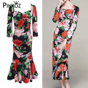 spring summer arrival rose flower square collar long sleeve meirmaid midi dress for women draped party causal dresses 210421