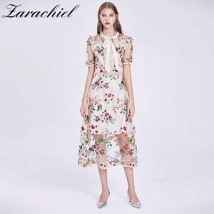 Elegant Party Lace Mesh Women Flower Embroidery Summer Female Bow Collar Short Sleeve LOng Dress Vestidos 210416