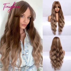 Long Water Wavy Golden Brown Blonde highlight Synthetic with Bangs Wigs For Women Cosplay Heat Resistant Fiber