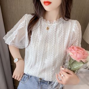 Sweet White Lace Blouse Short Lantern Sleeve Shirt Summer Beautiful Shirts Women Tops Stand Collar Casual Clothes 210515