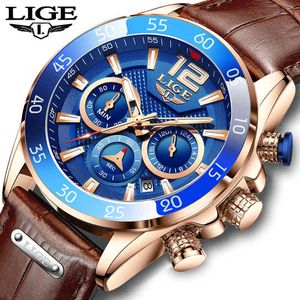 LIGE Chronograph Men Watches Luxury Casual Sport Date Quartz Leather Wristwatches Waterproof Men's Wrist watch Man Clock+Box 210517