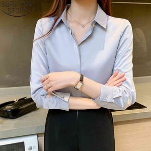 Elegant Chiffon Shirts Women Blouses Office Lady Long Sleeve Blue Tops Autumn Turn-down Collar Solid Korean OL Clothes 12128 210417