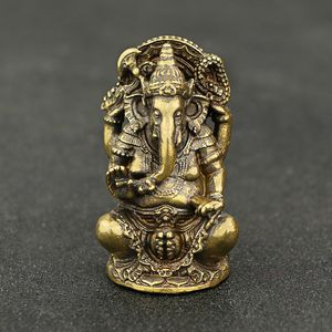 Mini Vintage Mosiądz Ganesha Statua Pocket Indie Tajlandia Elephant Bóg Postać Rzeźba Home Office Biurko Dekoracyjny Ornament Prezent 210414