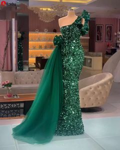 NEW! Long Sparkly Evening Dresses 2022 Mermaid One Shoulder Luxury Dark Green Sequined African Women Formal Party Gowns Peplum Ruffle Prom Dress