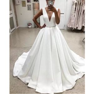 2022 Princess New White Bridal Gown Strap V Neck Stain Wedding Dresses A Line Simple Style Waist Beaded Crystal Church Custom Made
