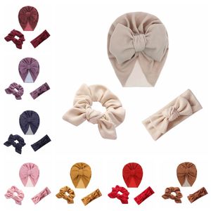 Chapéu de imitação de cor sólida infantil e headband Três peça conjunto de moda artesanal knotted elastic hairband foto adereços