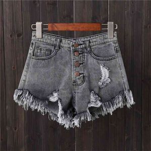 Plus Size Vintage Rasgado Buraco Fringe 5 Cores Denim Shorts Mulheres Casual Coreano Calças de Jeans Shorts Summer Girl Shorts 210611