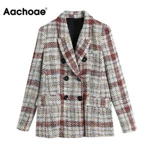 Elegant Double Breasted Blazer Women Notched Neck Plaid Suit Long Sleeve Casual Ladies Tops Outerwear Spring Autumn 210413