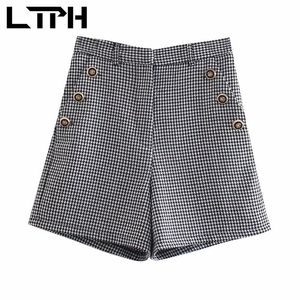 Mode koreanska houndstooth shorts kvinnor hög midja lösa bottnar vintage knappar pläd korta byxor vår sommar 210427