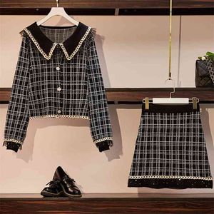 High Quality Autumn Winter Korean Vintage Plaid 2 Piece Set Women Knitted Sweater Cardigan + Mini Skirt Two Outfits 210514