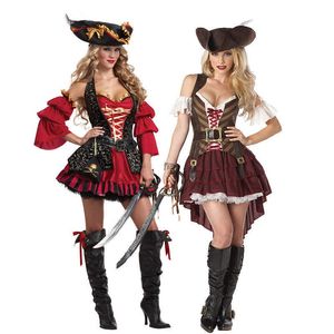 Lady Carnival Halloween Caribbean Pirates Elizabeth Costume Captain Huntress Clubwear Play Suit Cosplay Fancy Party Dress Y0903