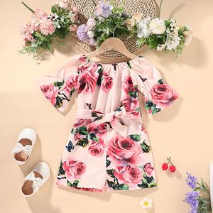 Flickor Rose Flower Print Kortärmad Jumpsuits Sommar 2021 Barnkläder Boutique 1-5t Little Girls Fashion Jumpsuits med midjeband