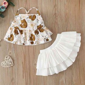 Letnie Pajaciki dla niemowląt Baby Boy Ubrania Pasek Drukuj Kwiatowy Biały Solid Shourt Spódnicy Dziewczyny Kostium 210629