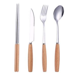 Set di stoviglie Posate in stile giapponese Argenteria Set di manici in legno Coltello Cucchiaio Forchetta Bacchette Lucido a specchio Lavabile in lavastoviglie