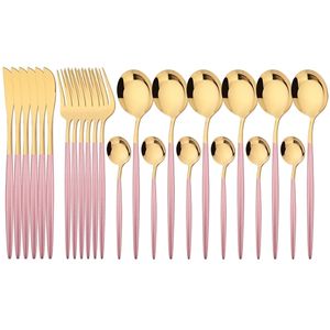 24Pcs Pink Gold Dinnerware Set Stainless Steel Cutlery Knives Forks Tea Spoons Dinner Kitchen Tableware Silverware 220228