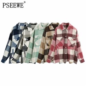 Veste Women Vintage Oversize Plaid Tweed Jacket Coat Stylish Pocket Lapel Collar Long Sleeves Multicolor Loose Outerwear 210519