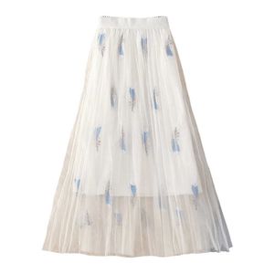 PERHAPS U Mesh A Line Feathers Embroidery White Beige Maxi Long Skirt High Street Empire Vintage Retro S0050 210529