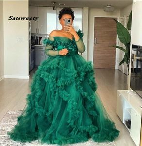 New Modest Tulle Ruffles Long Evening Dresses With Sheer Full Sleeves A-line Formal Dresses Robe De Mariage