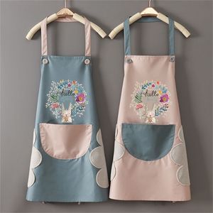 Cute Cartoon Rabbit Kitchen Apron Side Wipe Hands Waterproof Oxford Cloth Bib Pinafore Pocket For Work Home Cleaning Tool Black 210629