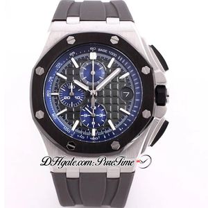 45mm 26416 Miyota Quartz Chronograph Mens Watch Two Tone Steel Case Black Texture Dial Blue Subdial Stick Marcadores Pulseira de Borracha Cronômetro 12 Estilos Puretime A09f6