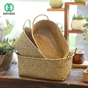 WHISM Display Wicker Storage Basket Straw Container Food Box with Handle Seagrass for Wedding Decoration 210609