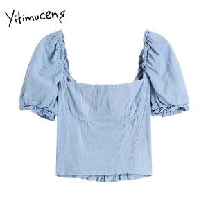 Yitimuceng Denim Blouse Женщины Складки прямые рубашки Прямые рубашки Слованная рукава квадратный воротник светло-голубое летние корейские моды вершины 210601