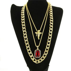 Mens Hip Hop Halsband Ruby Pendant Halsband Fashion Cuban Link Chain Jewelry 3st/Set