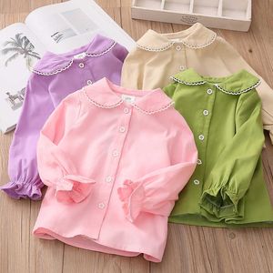 Baby Long Sleeve Shirt Spring Autumn Fashion Children's Costume Toddler Corduroy Peterpan Collar Lace Princess Girls Blouse 210529