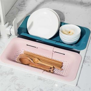 Kökshandtag Strålkorg Torkställ med avloppsavloppsdränering Kökslyfttjänst Bänkskiva Utensil Organizer Storage 211110