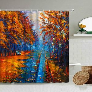 Shower Curtains Autumn Scenery Oil Painting Curtain Forest Trees European Style Bathroom Decor With Hook Waterproof