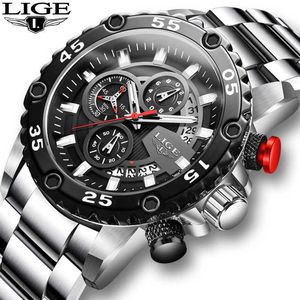 LIGE Fashion Men's Watches Waterproof Sport Quartz Style Watch Men All Steel Big Dial Date Chronograph Clock Wristwatch 210527