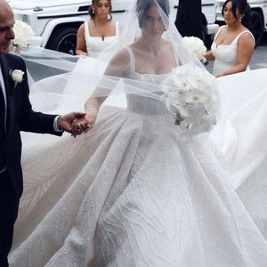 2021 A Line Wedding Dress Sequins Square Neck Beading Crystals Bridal Gowns Saudi Arabic vestido de novia