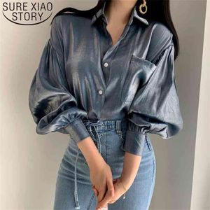 Vårkoreanska Edition Lösa långärmad Kvinnor Blus Gradient Reflekterande Elegant Skjorta Toppar Blusas Mujer 8051 50 210508