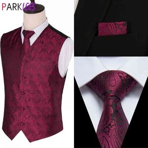 Mens Classic 3pc Jacquard Wine Red Paisley Vest Set Cravatta Pocket Square Gilet Formal Wedding Party Dinner Chaleco Hombre 210522